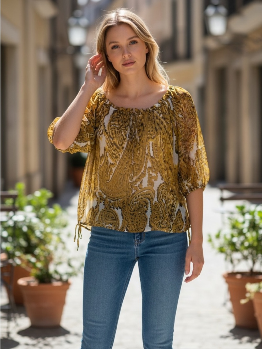 MILLY of New York Silky Greenish Yellow Paisley Print Blousesize